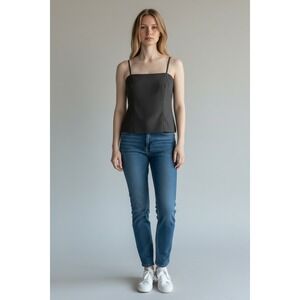 Vintage 90s Y2K Pinstripe Ribbed Back Zip Cami Top Size 1/2 Small Black Charcoal